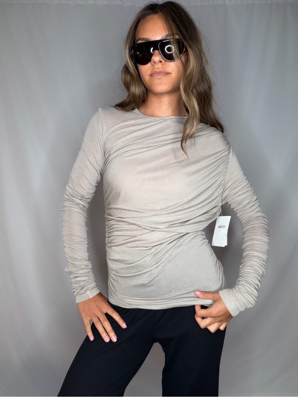 Agolde Ruched Long-Sleeve Top in Light Taupe